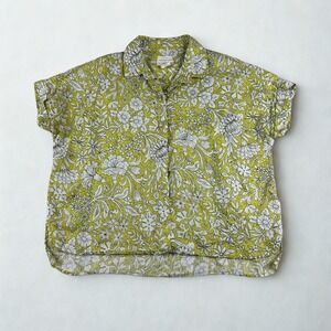 Rachel Ashwell Linen Floral Button Up Shirt S Yellow White Top Pearl Buttons